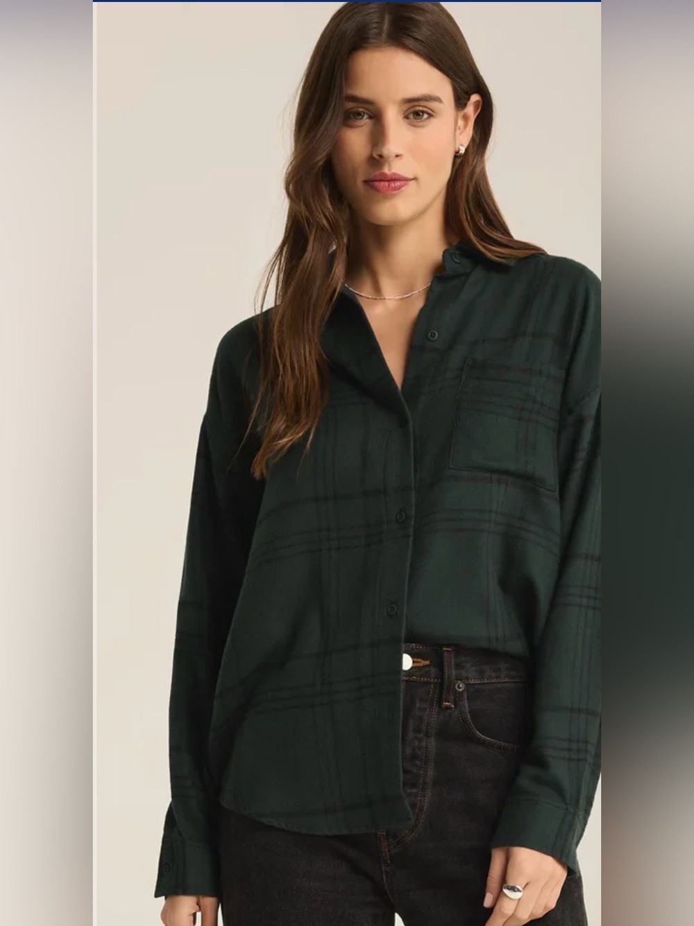 Z Supply Women's Dark Green River Plaid Button-Up Shirt - Classic Relaxed Fit